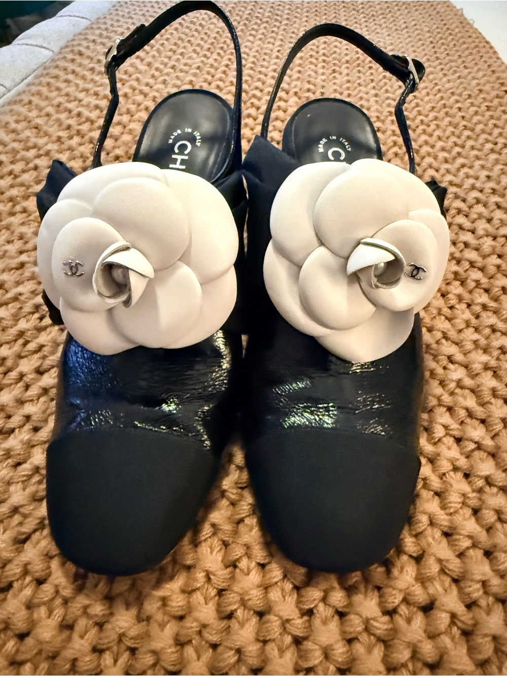 CHANEL Black Slingback Mules with White Camellia Flower